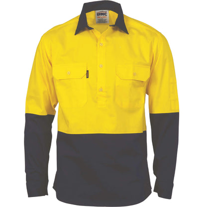 3834 HiVis Two Tone Close Front Cotton Drill Shirt - Long Sleeve